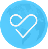 A blue circle with a heart in the middle and a globe in the background.
