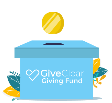 A blue box with the words give clear giving fund on it