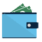 A blue wallet with money sticking out of it.
