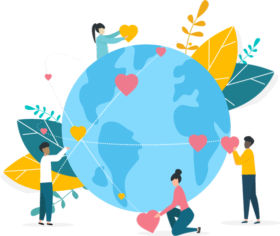 A group of people are holding hearts around a globe.