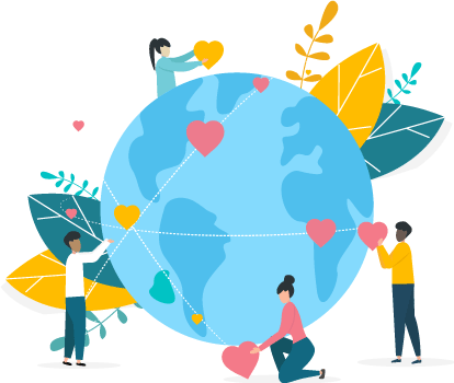 A group of people are holding hearts around a globe.