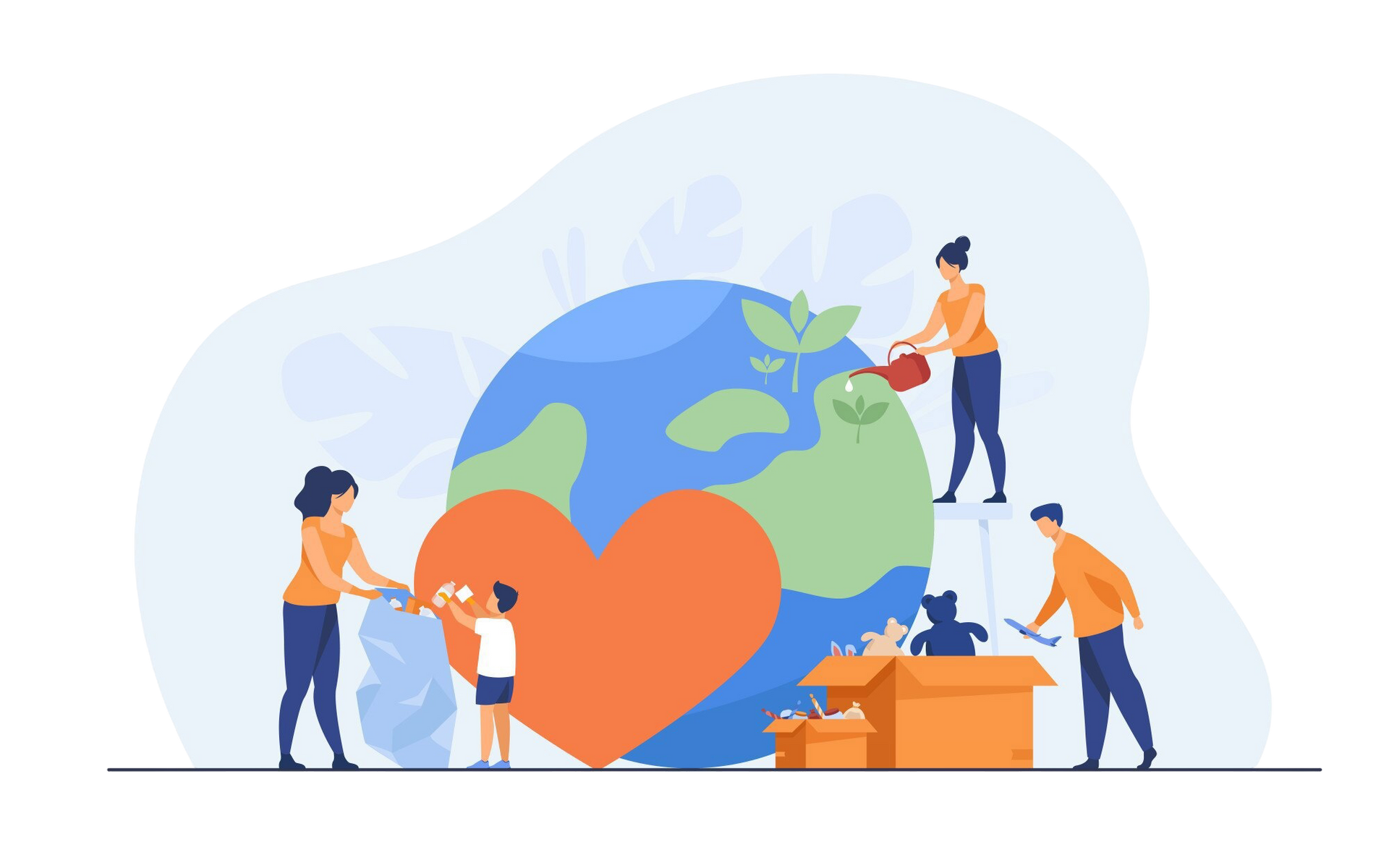 A group of people are standing around a globe with a heart on it.