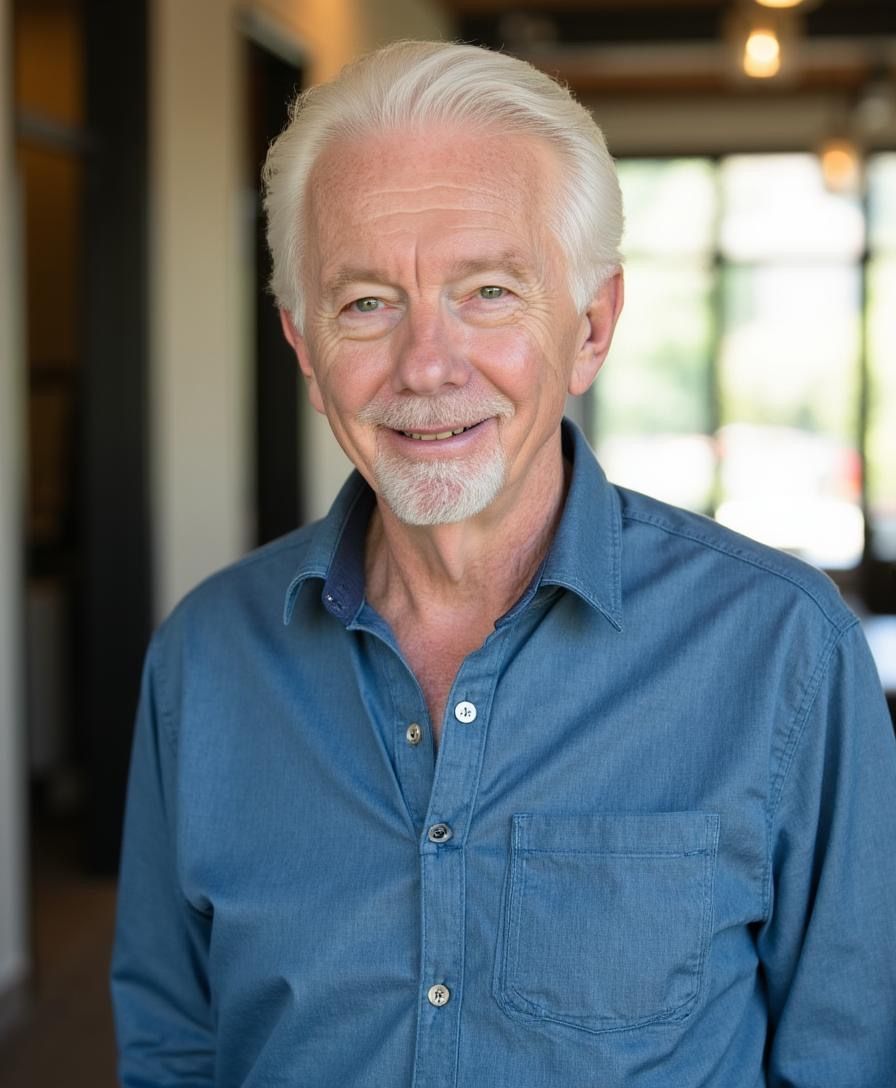A path leads to an old house with a green porch between two brick pillars holding signs for 