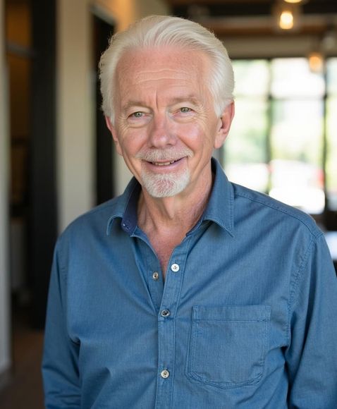 A path leads to an old house with a green porch between two brick pillars holding signs for