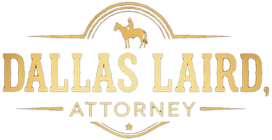 Gold logo for Dallas Laird, Attorney, featuring a silhouette of a person on a horse inside an arched frame.
