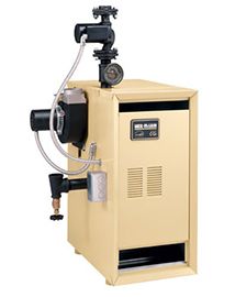 Tan oil-fired boiler with various attached components.