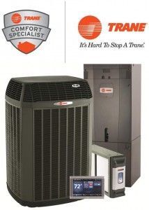 Trane HVAC system with Comfort Specialist badge and orange brand logo.