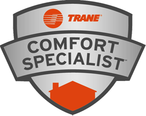 Trane Comfort Specialist logo: silver shield with orange house silhouette; text, and Trane logo.
