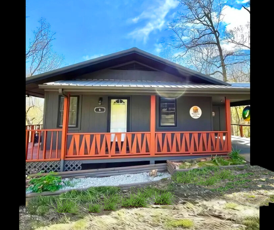 A house with a large porch and sign on it.