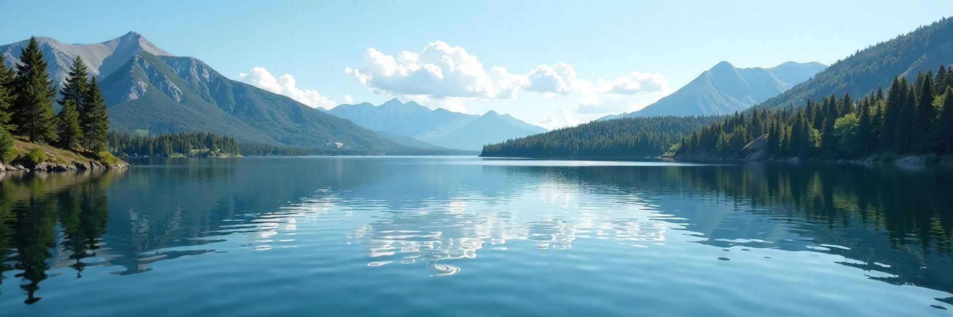 A lake with mountains in the background and trees on the shore.