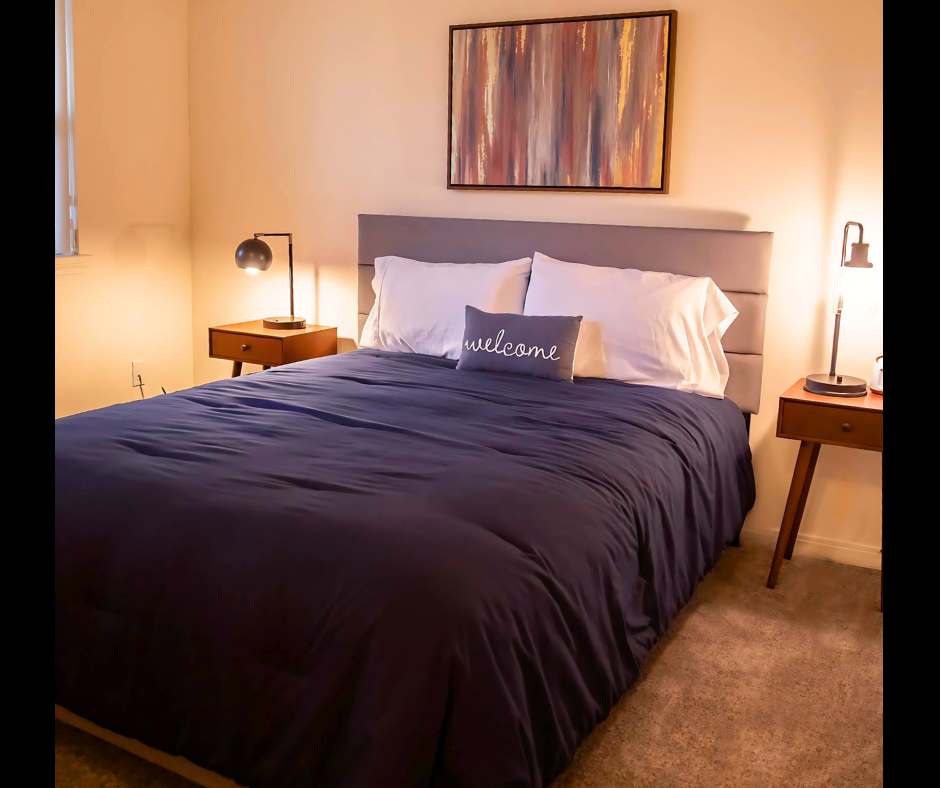 A bedroom with a king size bed and a ceiling fan.