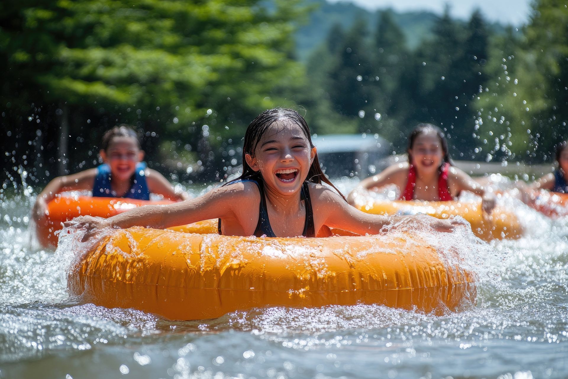 Kids in inner tubes play in the river