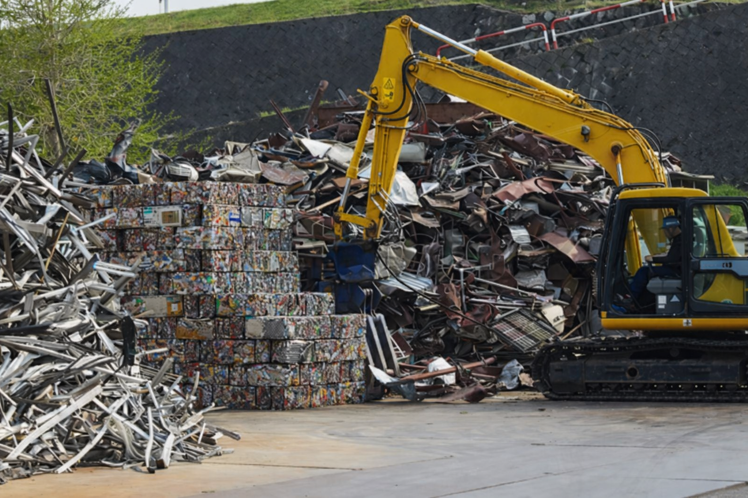 A yellow excavator arm tears into the wooden frame and debris of a partially demolished house.