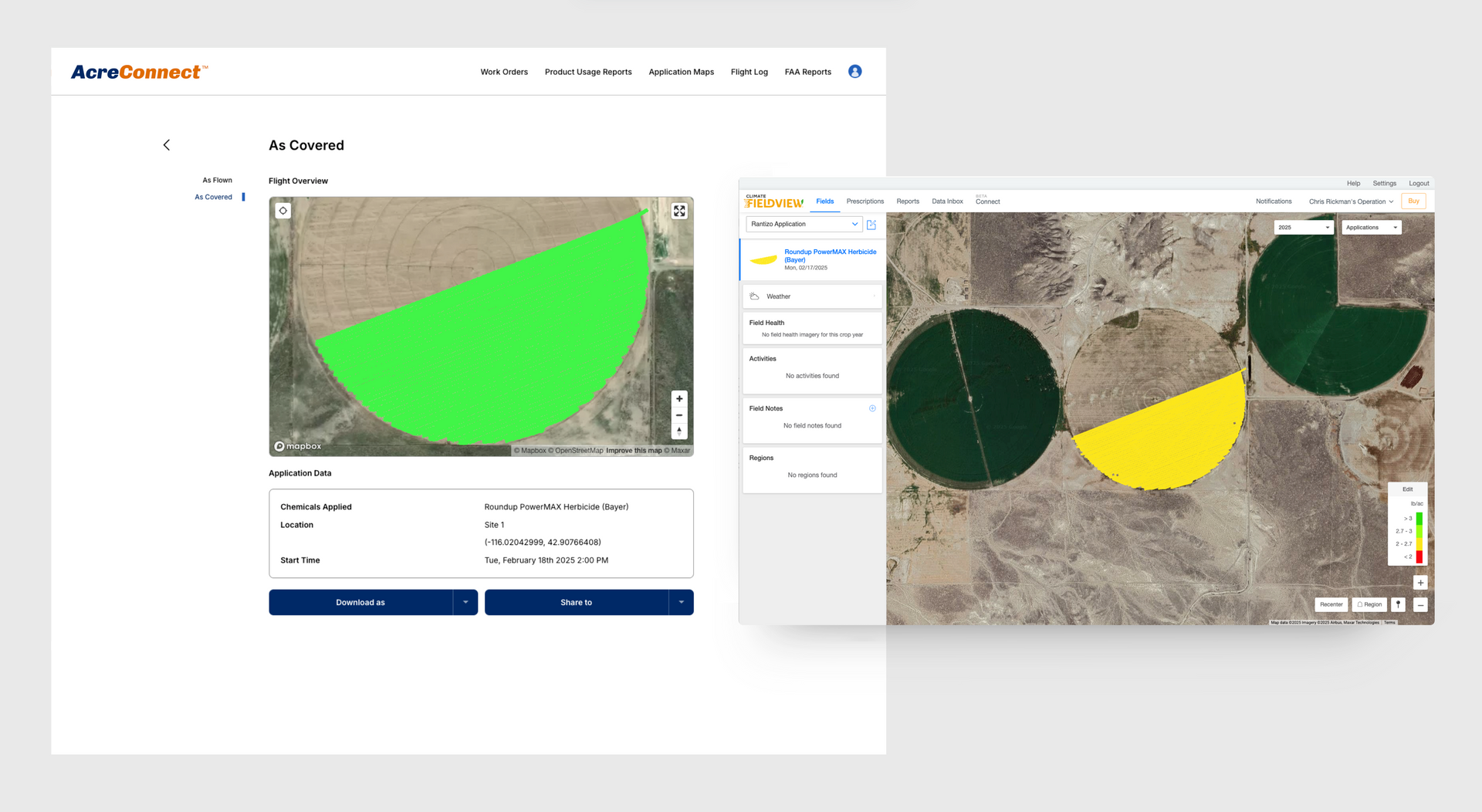 As Covered Map shown in AcreConnect and Climate FieldView