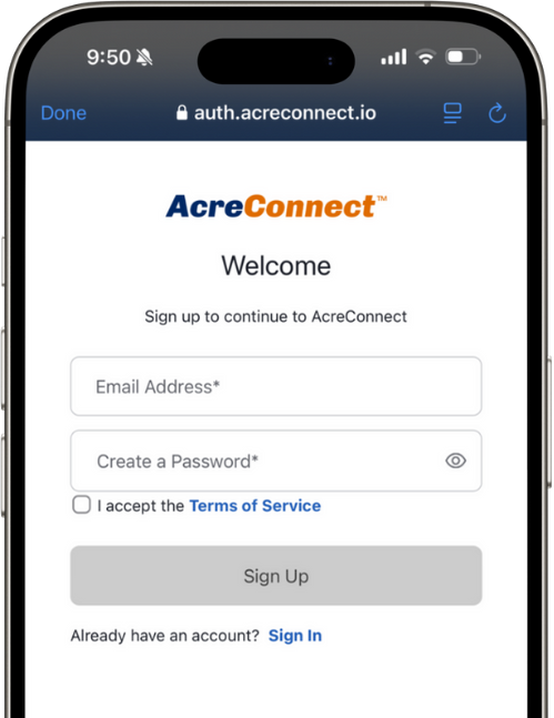 Sign up screen on AcreConnect