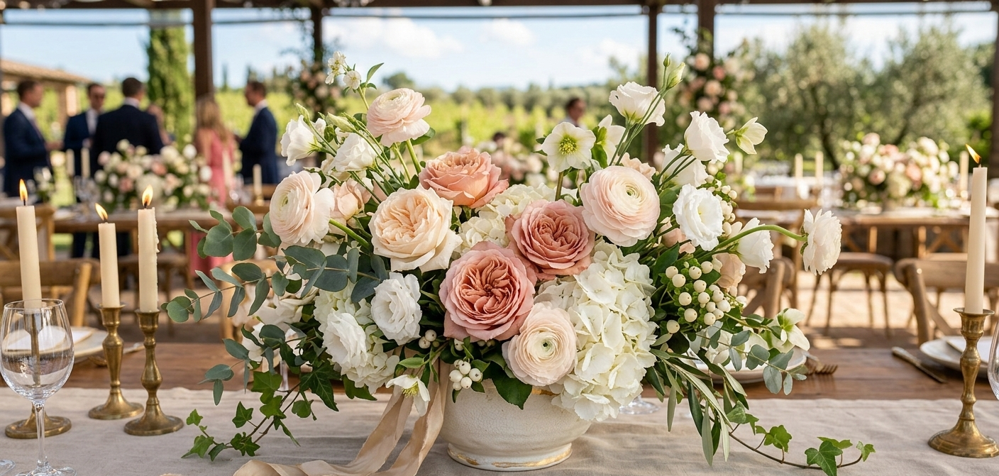 Centrotavola floreale su un tavolo decorato durante un evento all'aperto, con gli ospiti sfocati sullo sfondo.