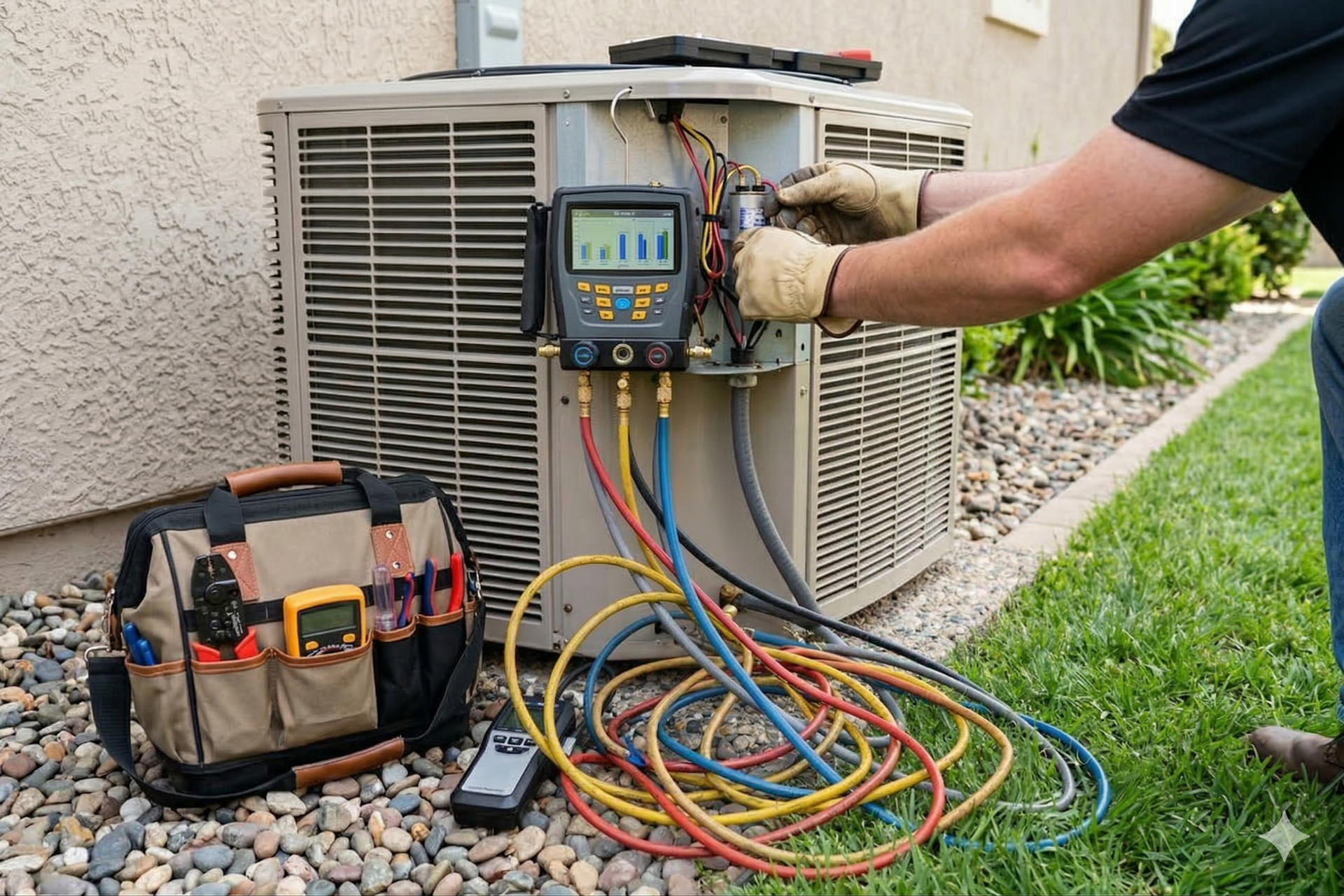 A technician wears work gloves while using a digital manifold gauge to service an outdoor air conditioning unit.