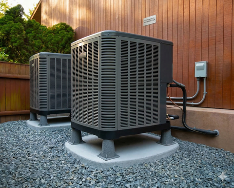 Two grey HVAC condenser units sitting on concrete pads over gravel next to a wooden wall.