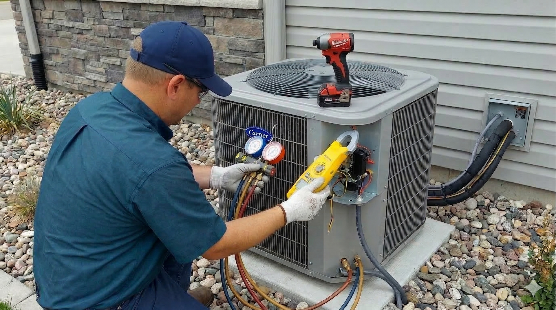 Technician in a blue shirt and cap checking an outdoor HVAC unit with gauges and a clamp meter.