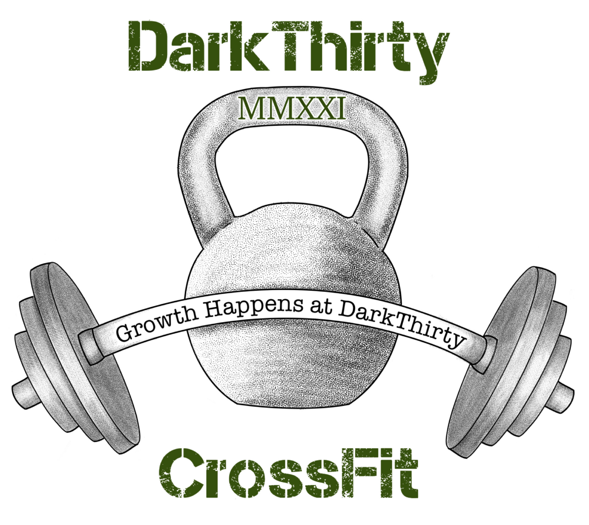 a logo for dark thirty crossfit with a kettlebell and dumbbells
