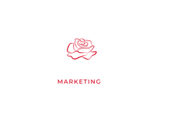 a red rose is on a white background with the word marketing below it .