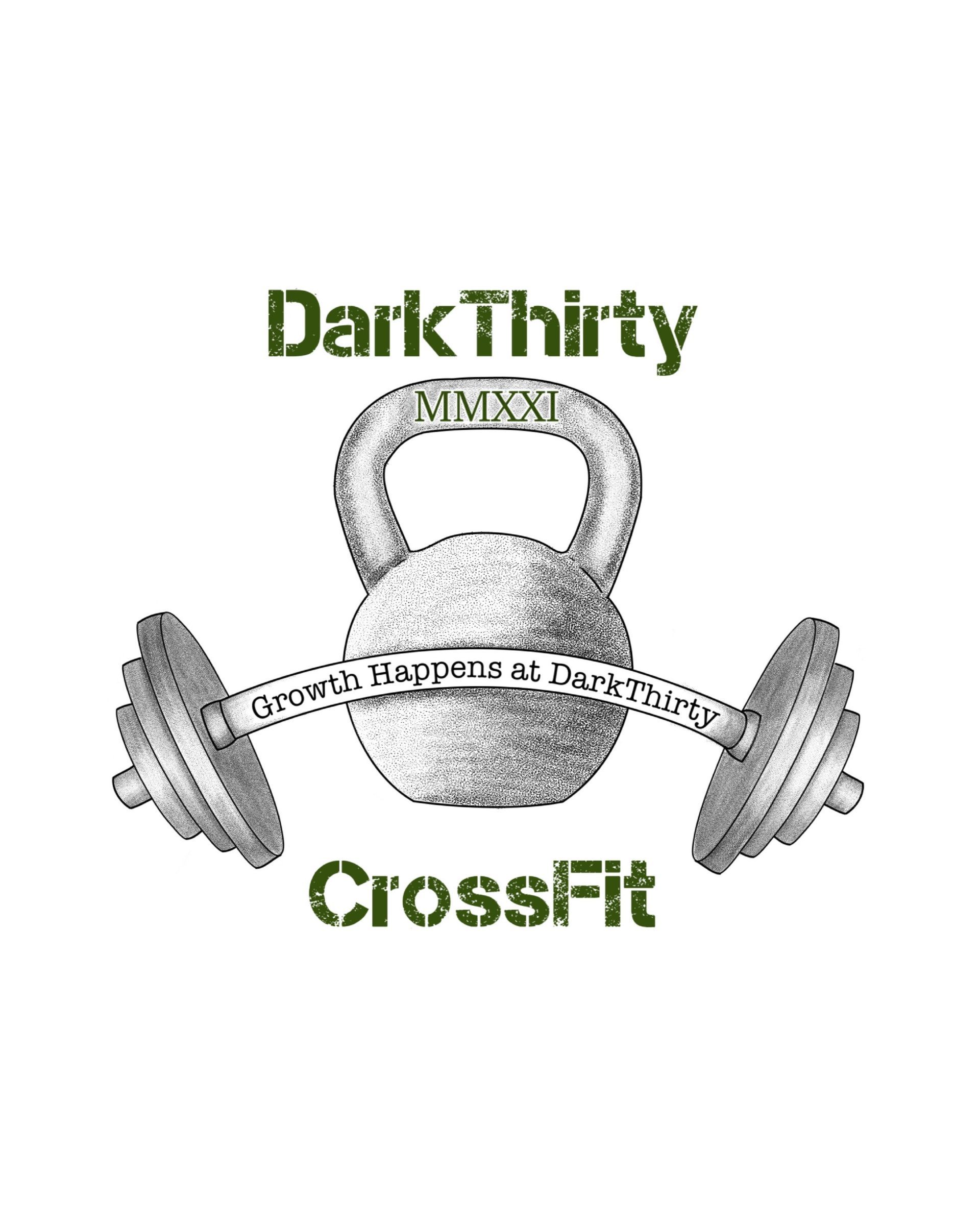 a logo for dark thirty crossfit with a kettlebell and dumbbells .