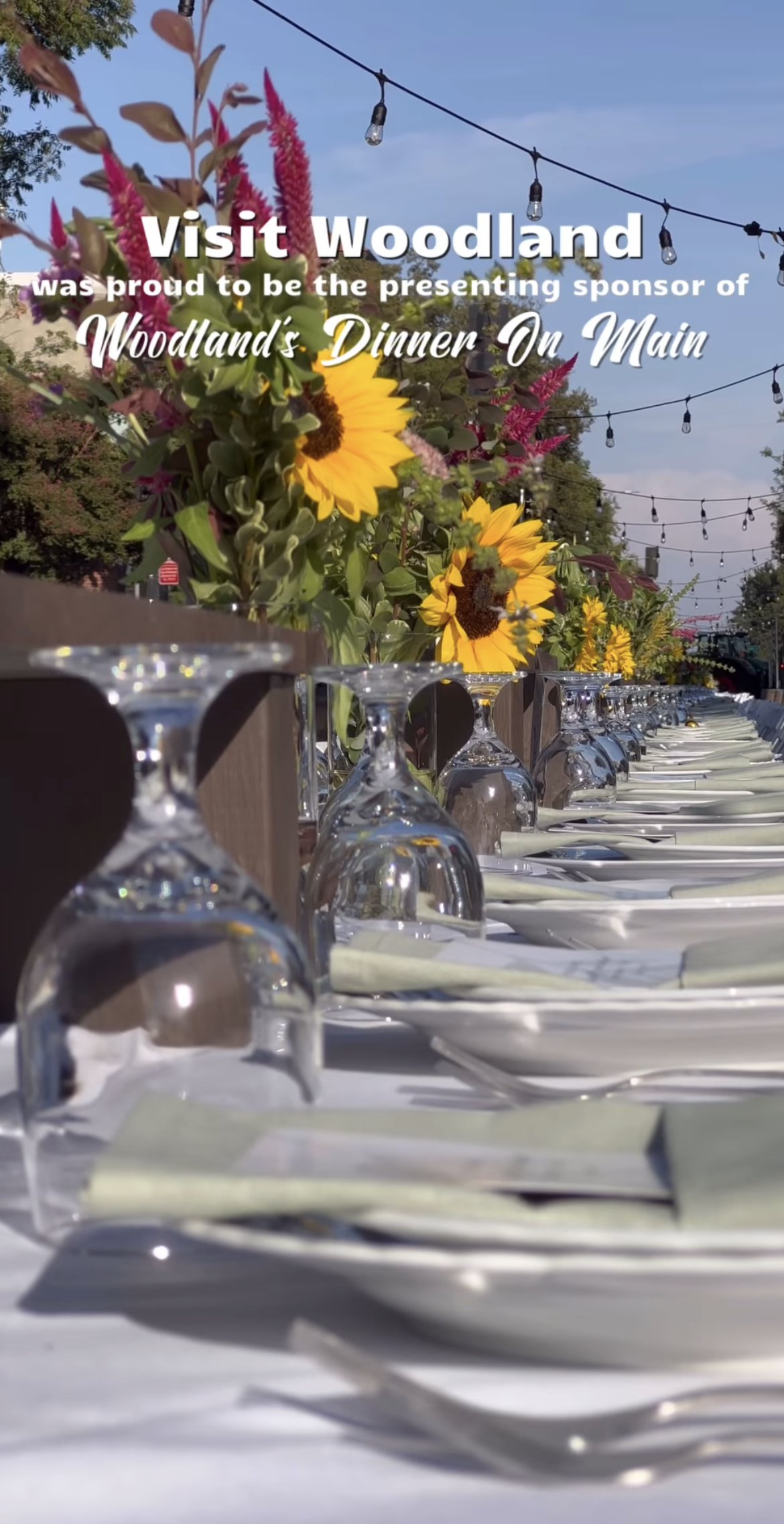a long table with plates , glasses , and sunflowers on it .