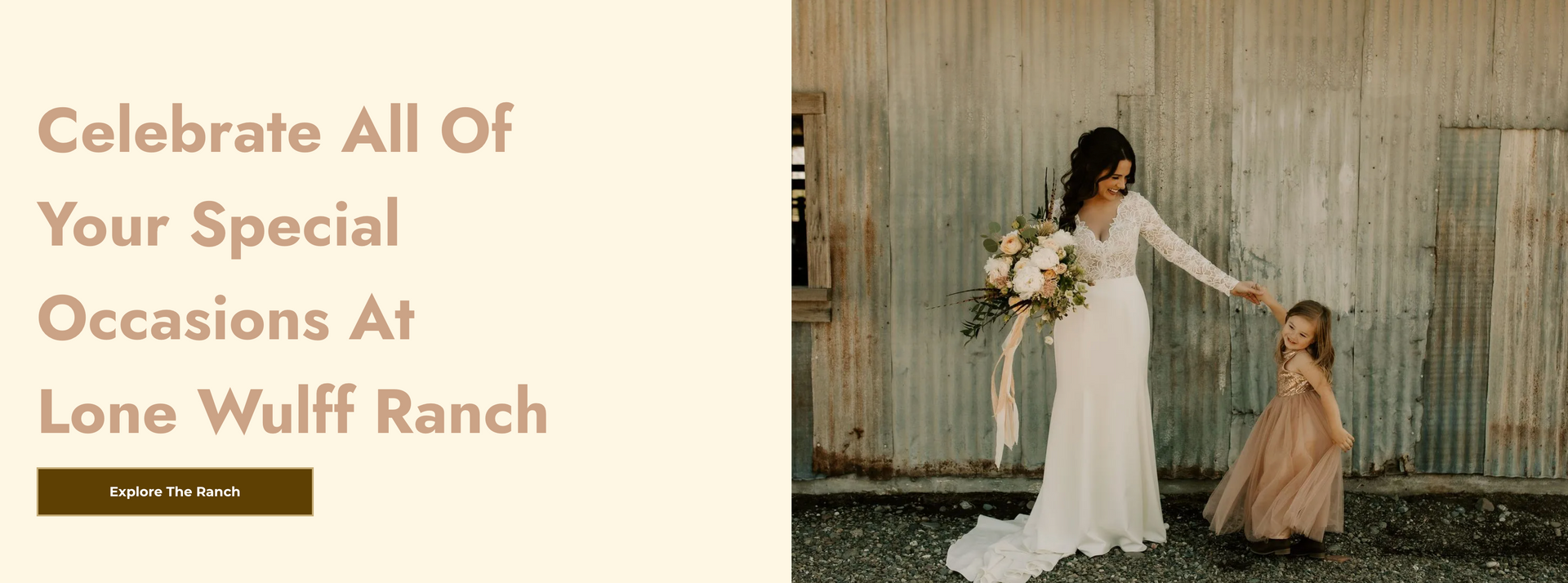 a woman in a wedding dress is holding a flower girl 's hand .