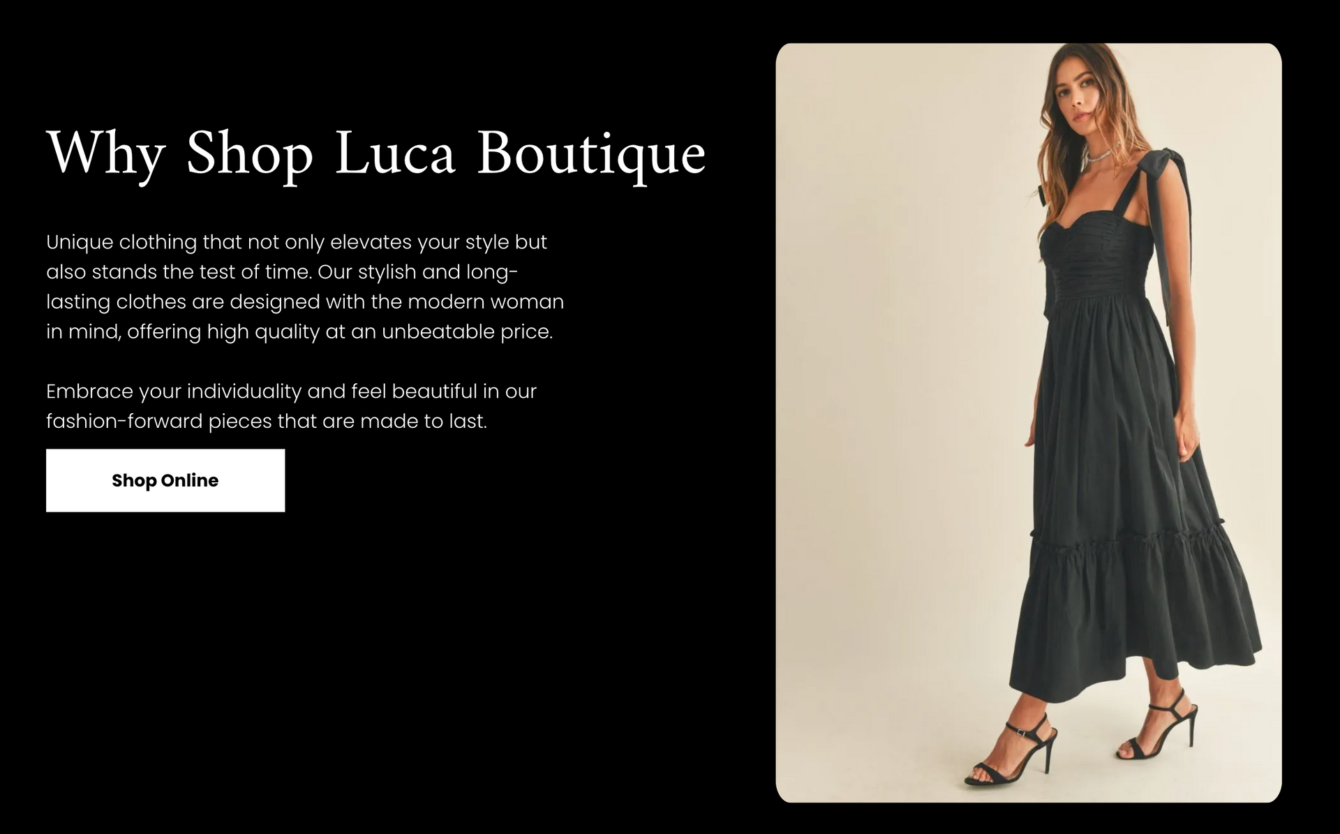 a woman is standing in a black dress on a website .