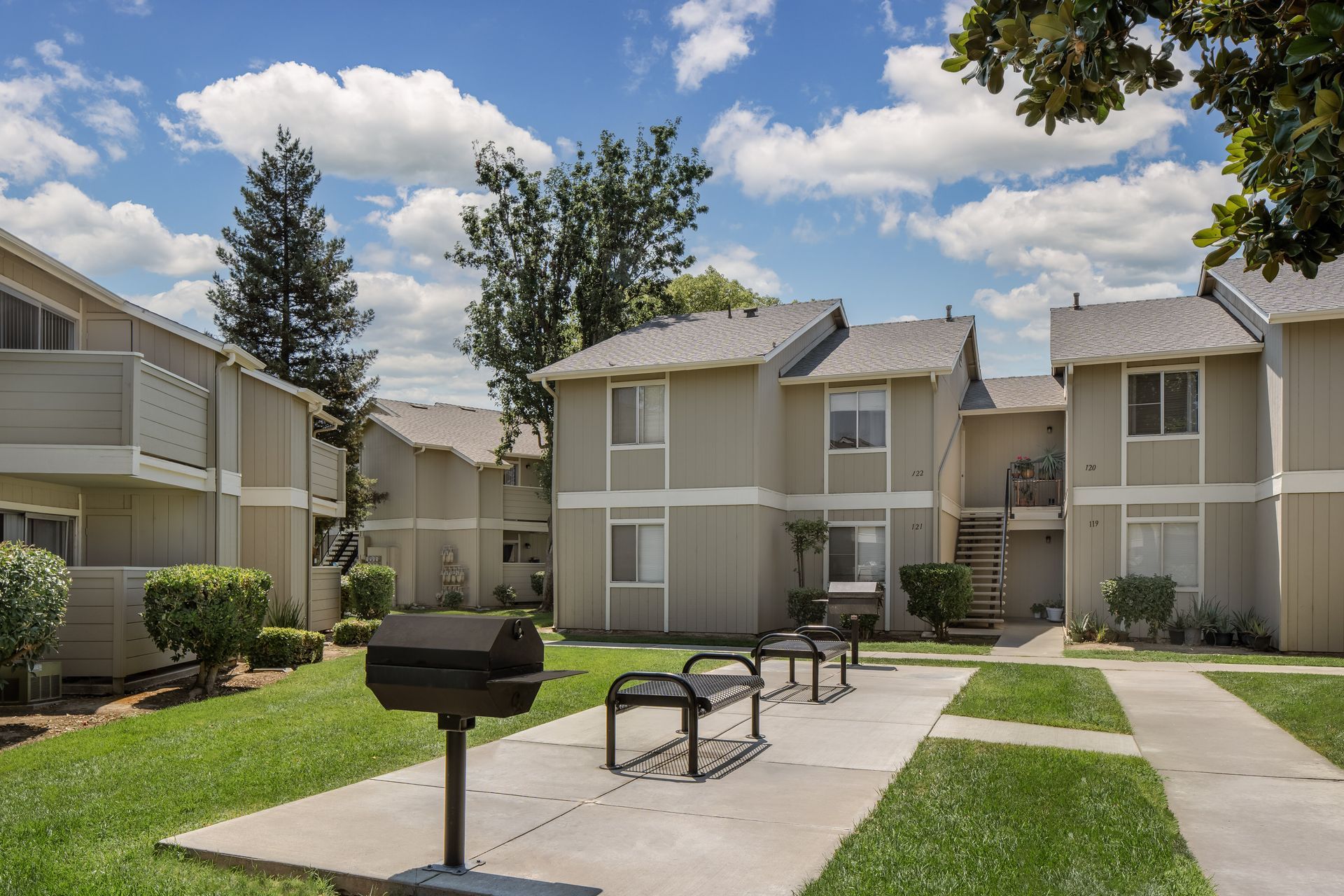 Peacock with blue neck and tail feathers stands in a dry field.