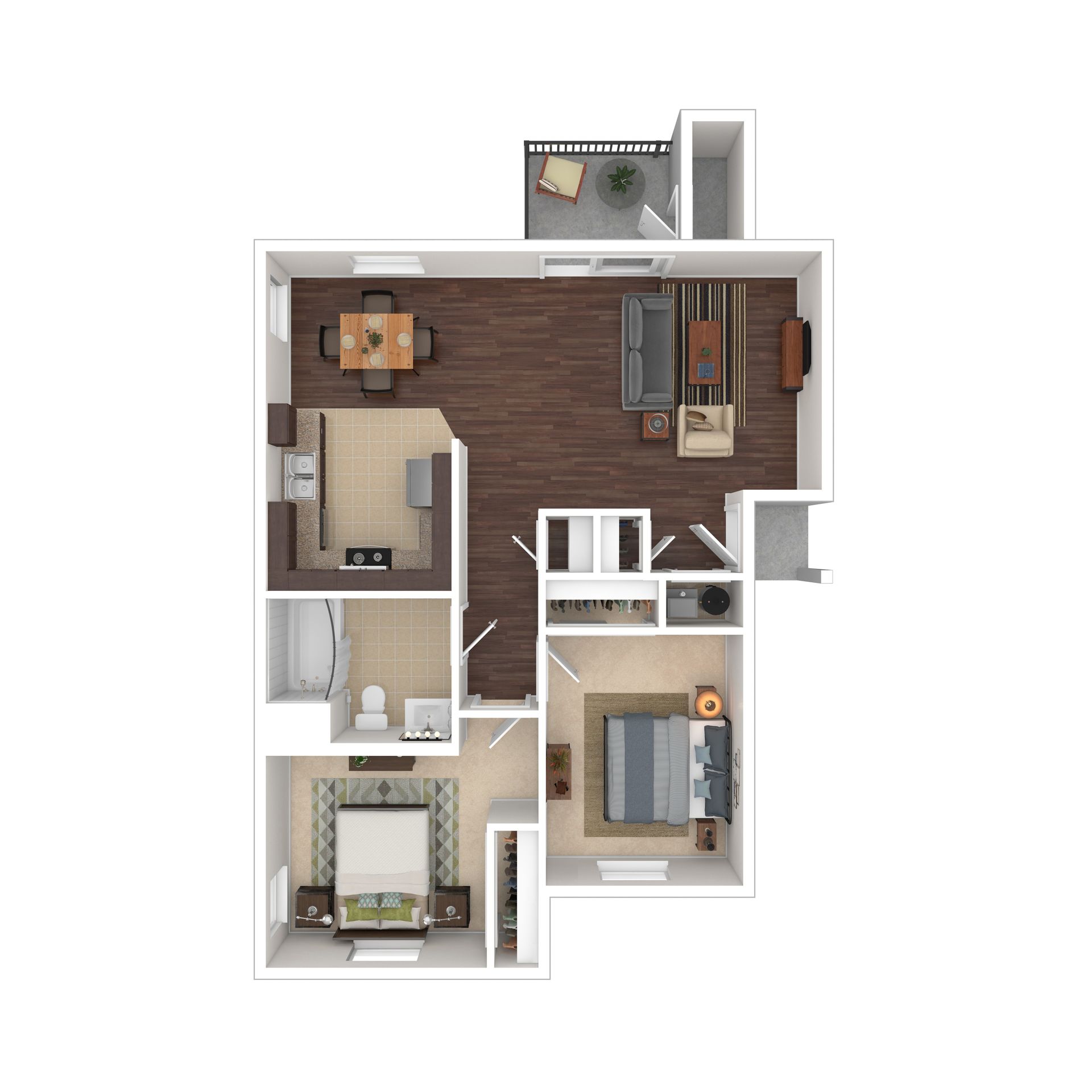 Floor plan of a two-bedroom apartment, showing rooms, furniture, and balcony.