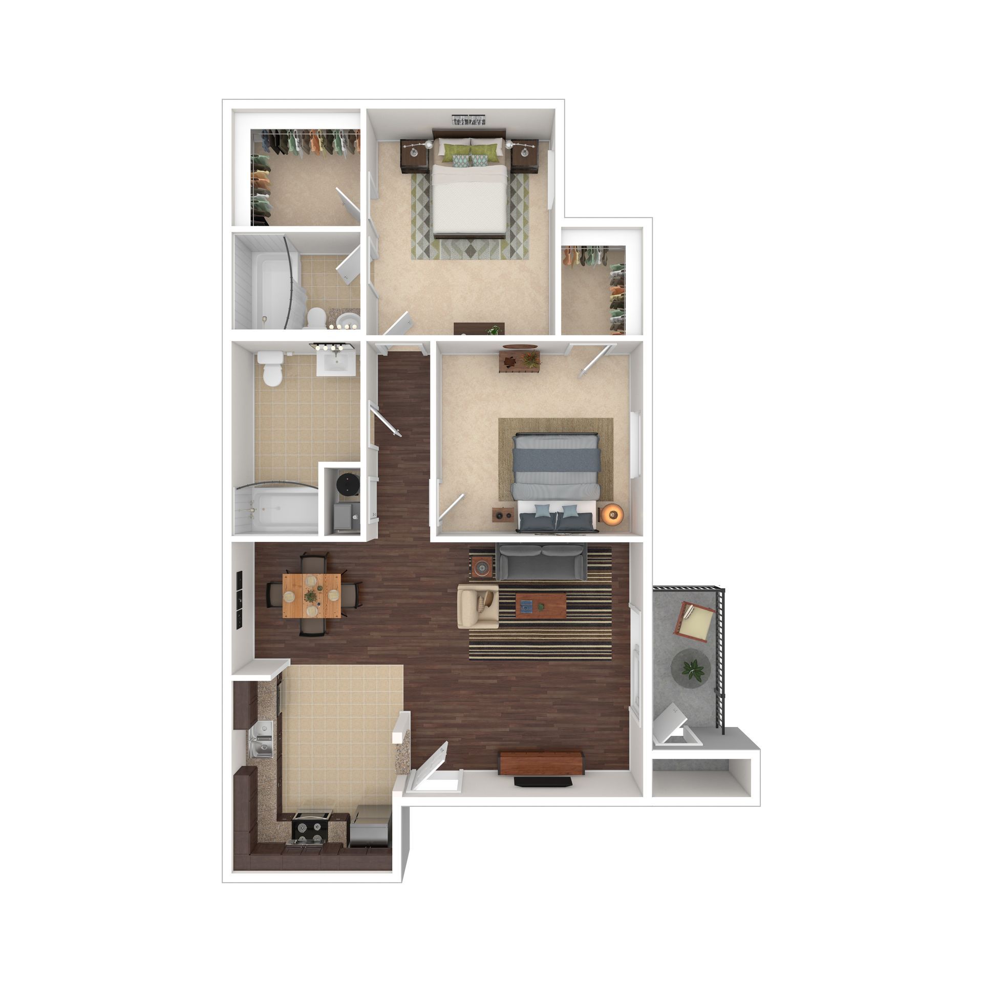 Floor plan of a two-bedroom apartment, showing the layout of rooms including a kitchen, living room, and balconies.
