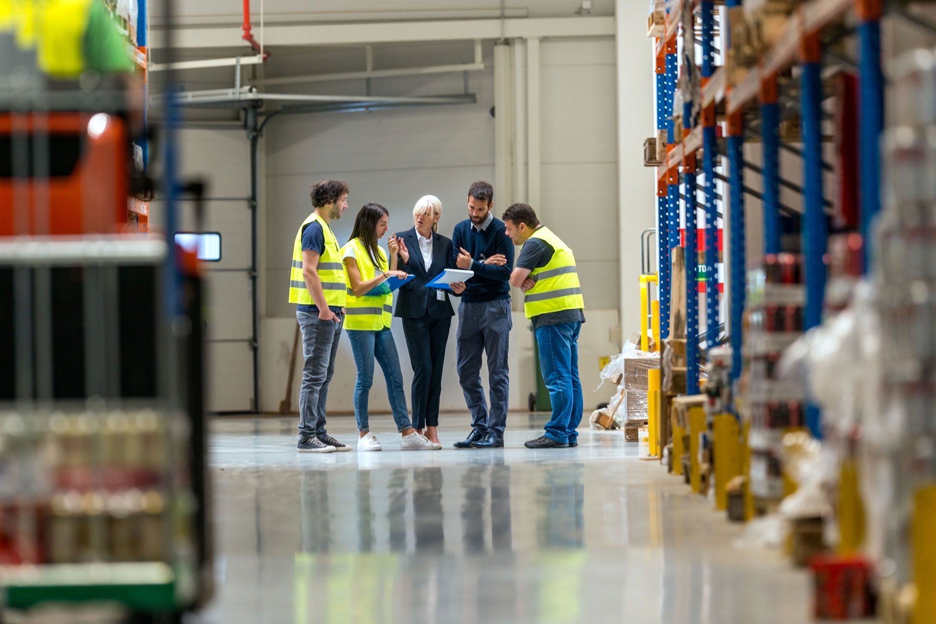 A group of people in a warehouse, looking at documents. Some wear safety vests, discussing logistics.
