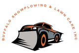 Logo for Buffalo Snowplowing & Lawn Care Inc. featuring an orange and gray plow truck with a snow blade.