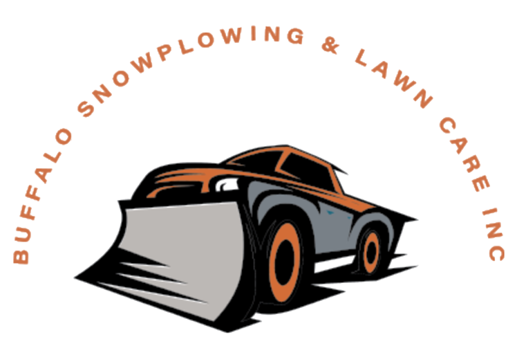 Logo for Buffalo Snowplowing & Lawn Care Inc. featuring an orange and gray plow truck with a snow blade.