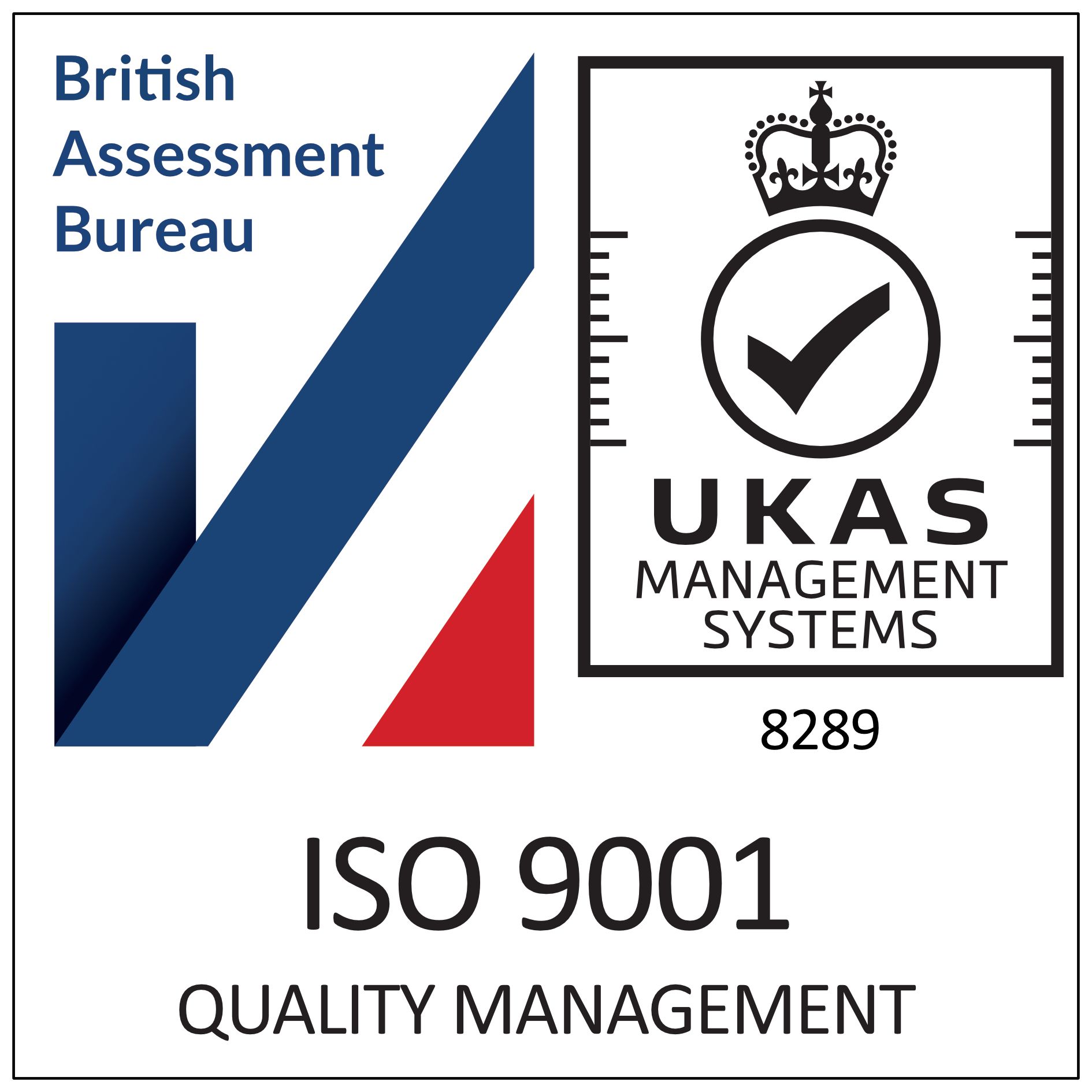 British Assessment Bureau ISO 9001 Quality Management certification logo with UKAS accreditation.