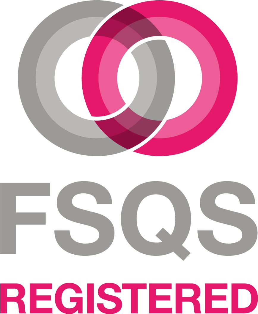 FSQS Registered logo: Interlocking gray and pink rings above gray text