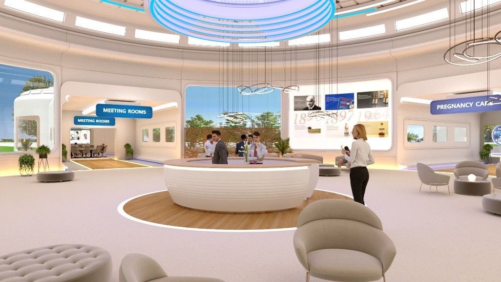 Virtual conference room with people in a meeting and a presenter. Modern design, bright.