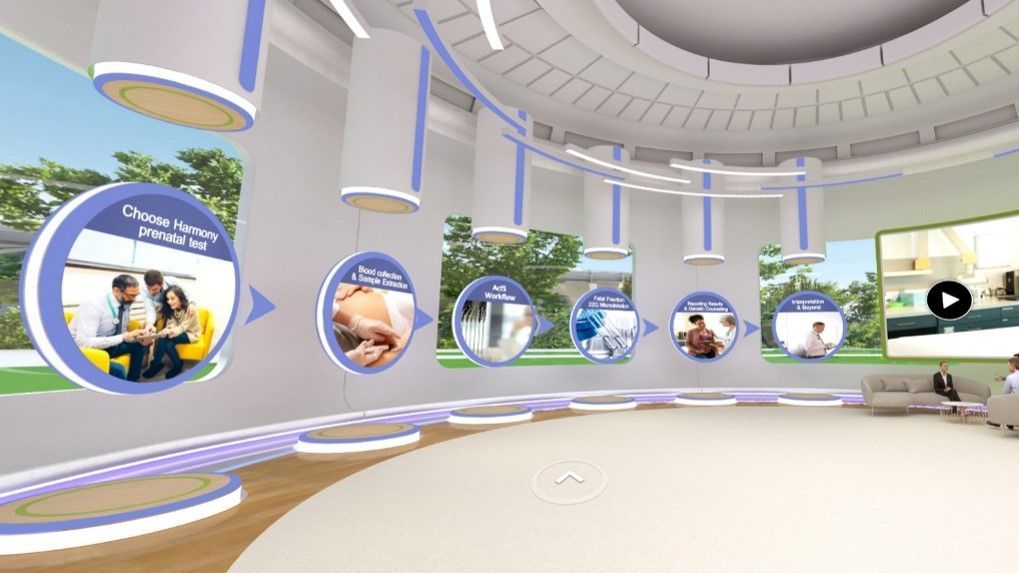 Virtual studio with circular stages displaying healthcare information.