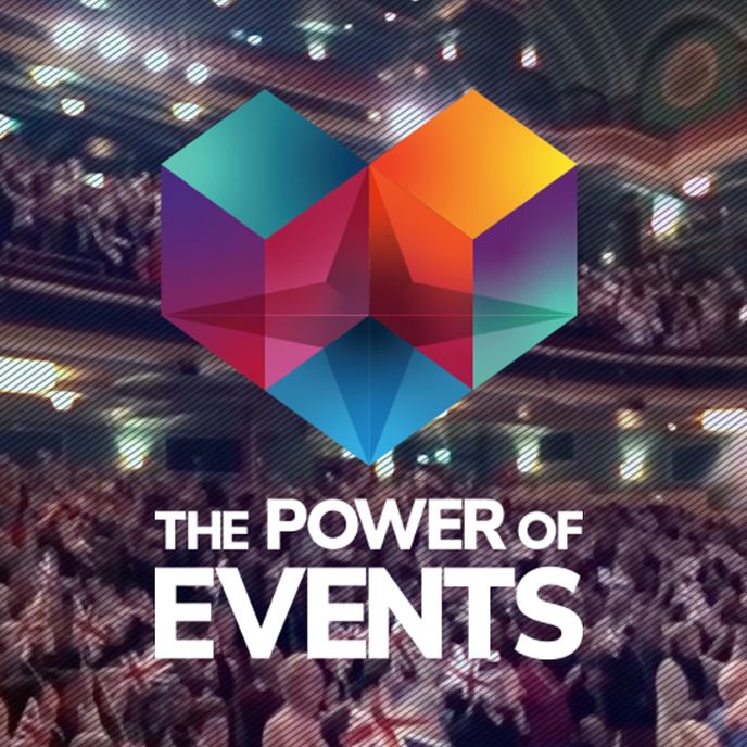 A poster for the power of events with a crowd in the background