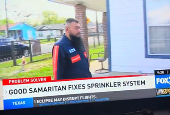 A fox news report about a man fixing a sprinkler system