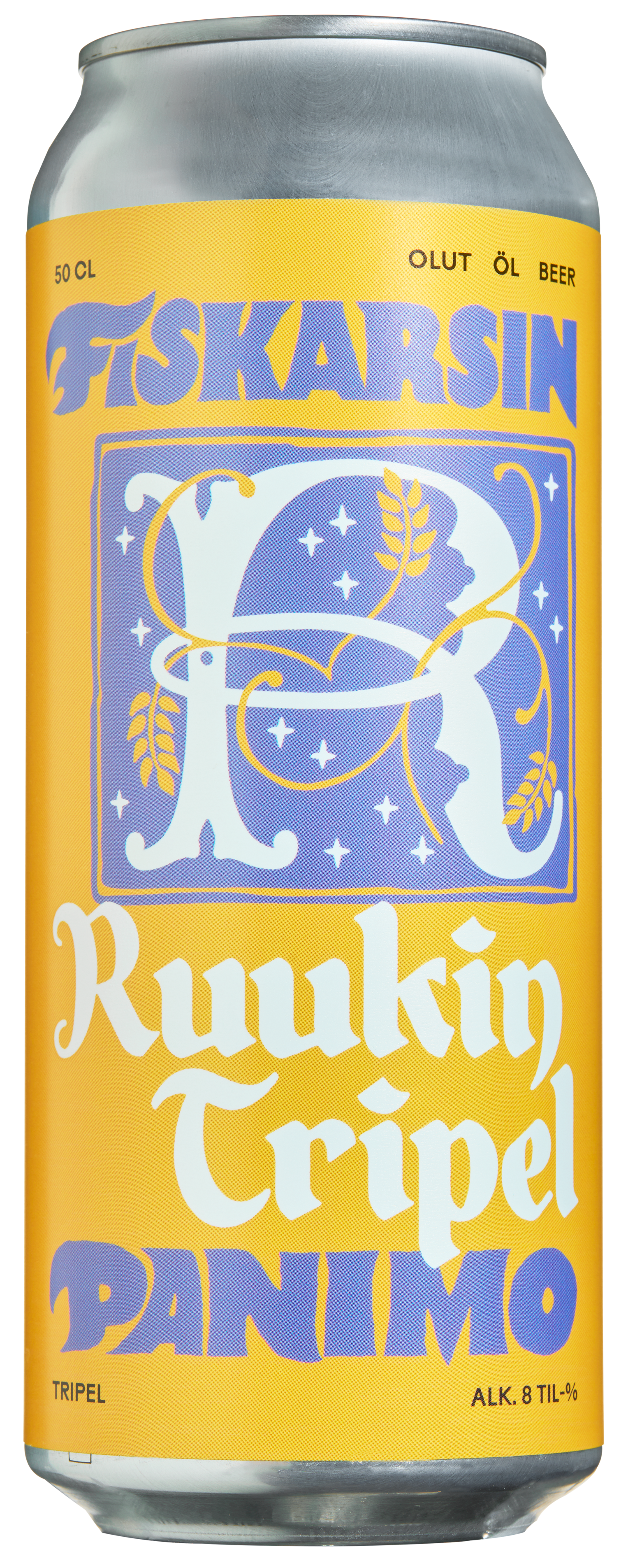 Keltaisella taustalla, sinisillä yksityiskohdilla ja tekstillä