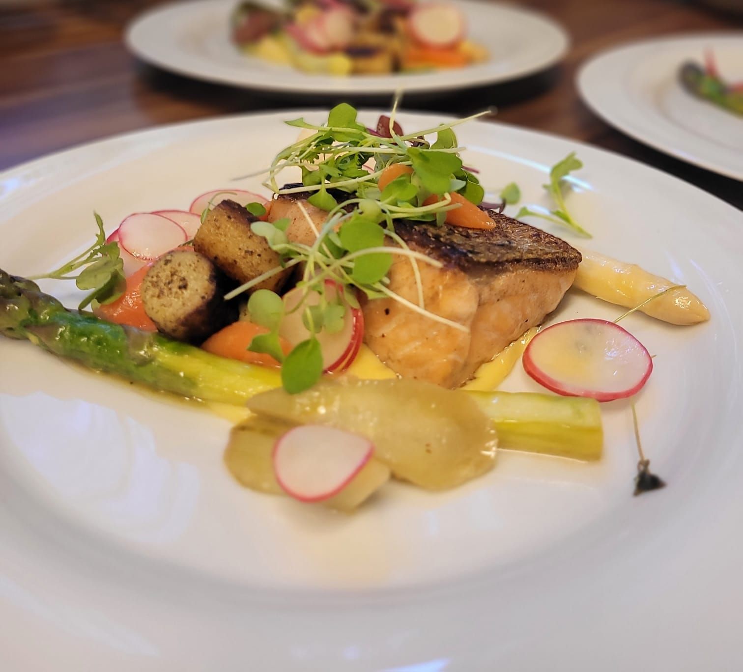 Lähikuva lautasella tarjoiltavasta gourmet-ateriasta: paistettua lohta, parsaa, retiisejä, krutonkeja ja mikrovihanneksia.