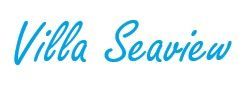 Villa Seaview -logo sinivihreällä kursiivilla.