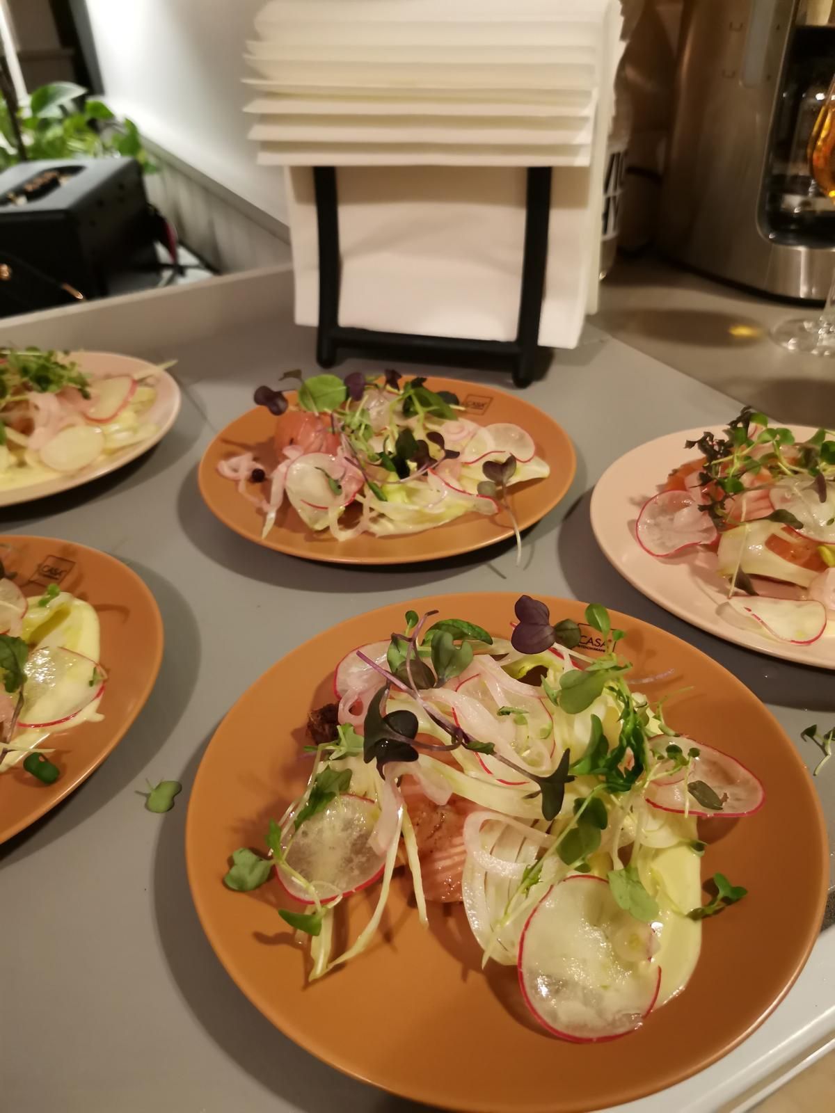 Salaattilautasia retiisillä, fenkolilla ja vihreillä harmaalla pinnalla lautasliinatelineen lähellä.