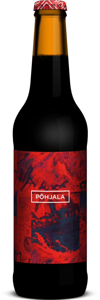 Olutpullo, jossa punainen etiketti. Teksti: POHJALA. Punainen pullonkorkki. Sisällä näkyvää tummaa nestettä.