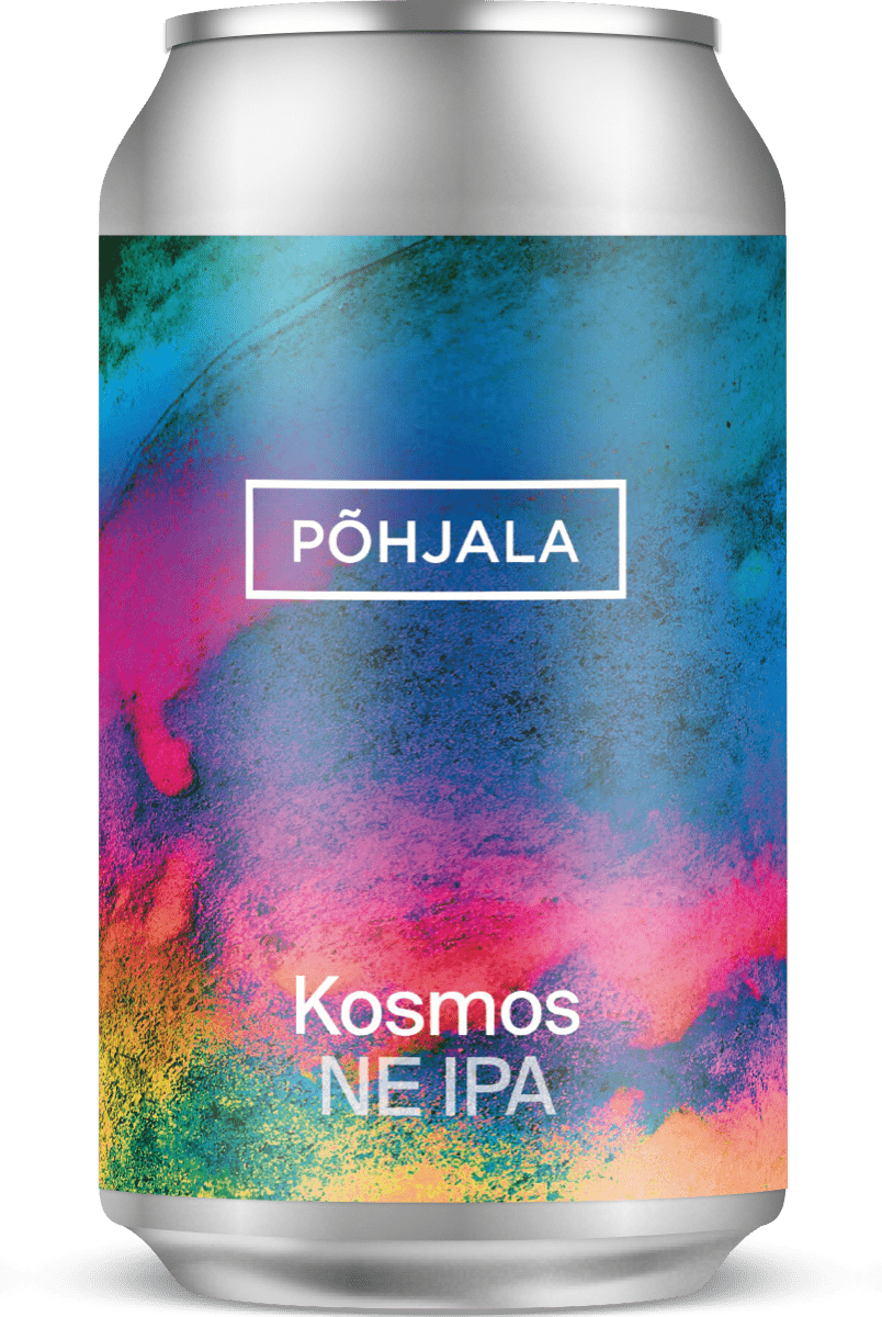 Tölkki Põhjala Kosmos NE IPA-olutta, värikkäällä abstraktilla taideteoksella taustalla.