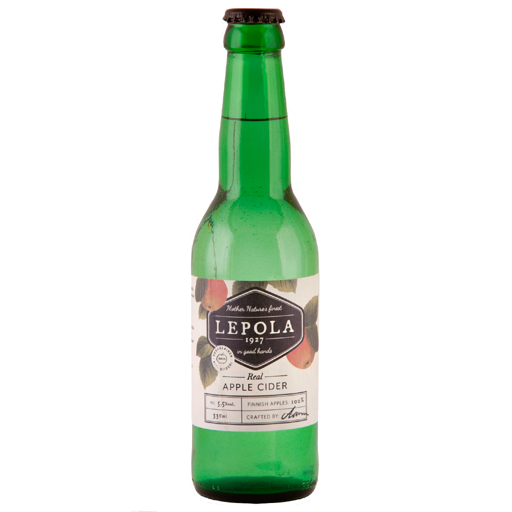 Vihreä lasinen Lepola-omenasiideripullo, jossa on ruskea korkki ja omenoita esittävä etiketti.