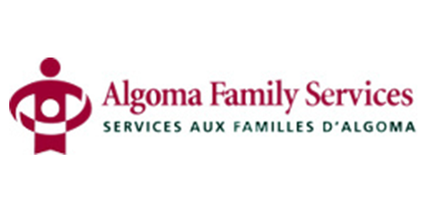 The logo for algoma family services shows a person holding a baby