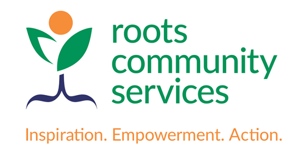 A logo for roots community services with a person and a plant